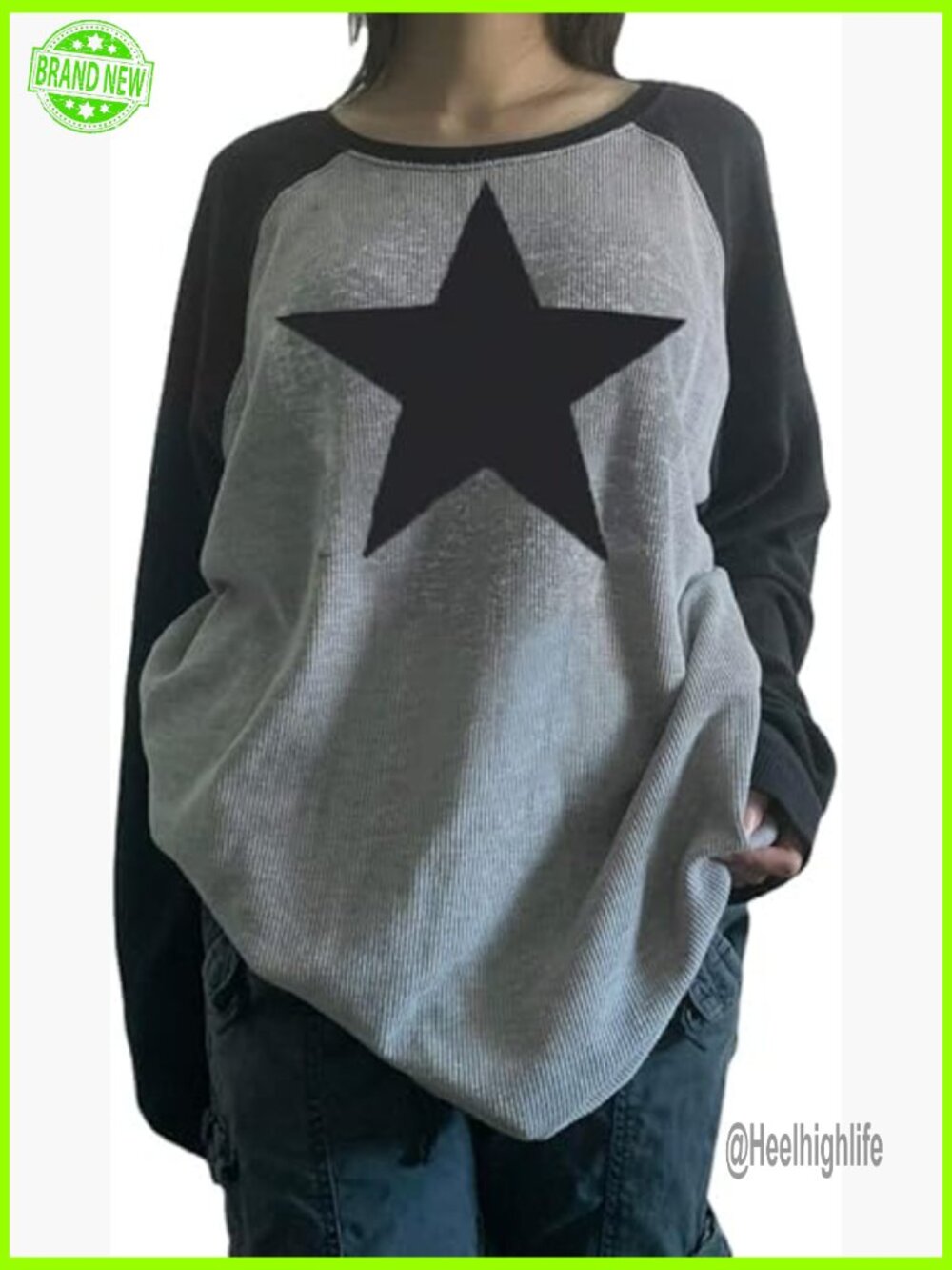 Y2K Contrast Patchwork Grunge Oversized Crewneck Pullover Sweatshirt